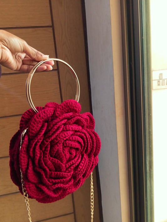 Crochet Flower Crossbody Bag - Pink & White with Pearl Strap