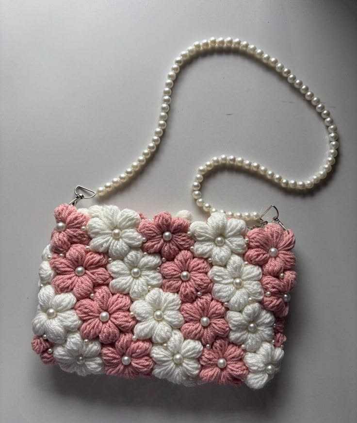 Crochet Rose Bouquet Handbag - Pearl Chain Handle