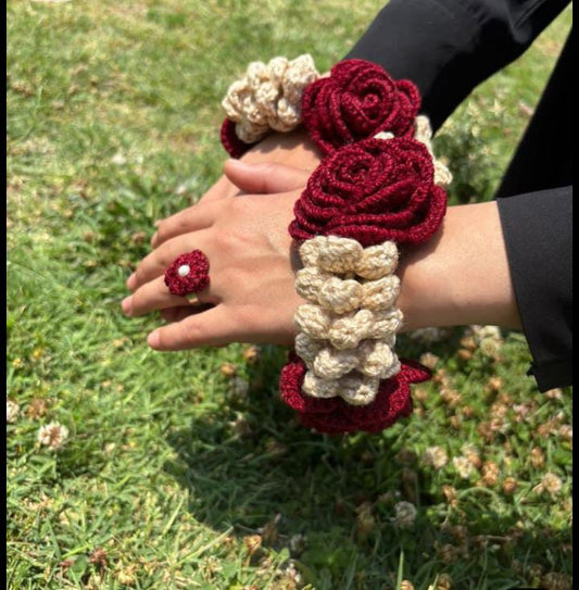 Crochet Rose Scrunchy - Maroon Puff with Rose Applique
